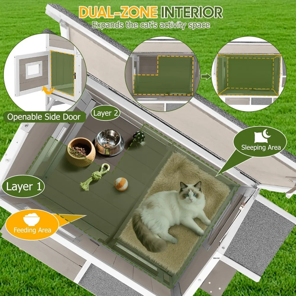 Weatherproof Outdoor Cat House with Balcony, 3 Jumping Platforms, Openable Wooden Shelter for Feral Cats