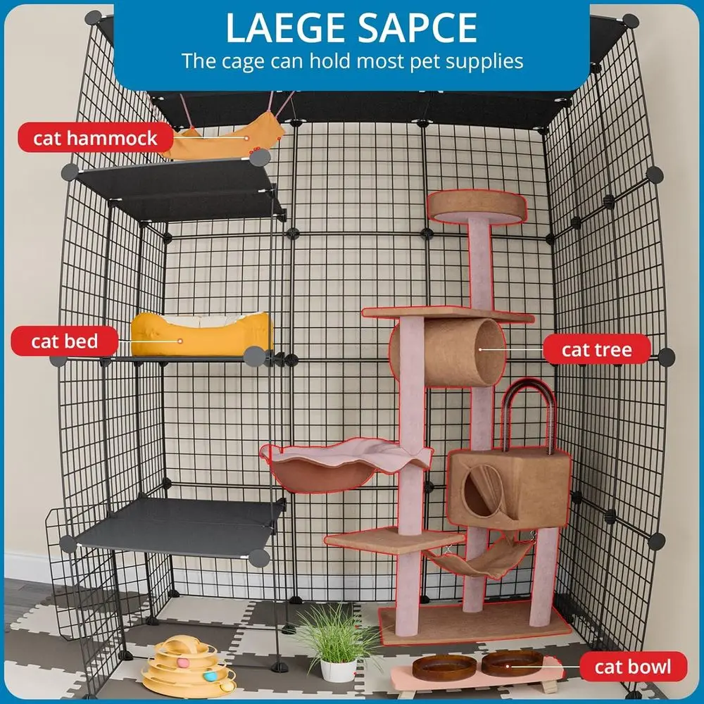 Enclosures Indoor with Balcony, DIY Playpen Detachable Metal Wire Kennels Crate 3x3x4 Large Exercise Place Ideal for 1-3 Cats