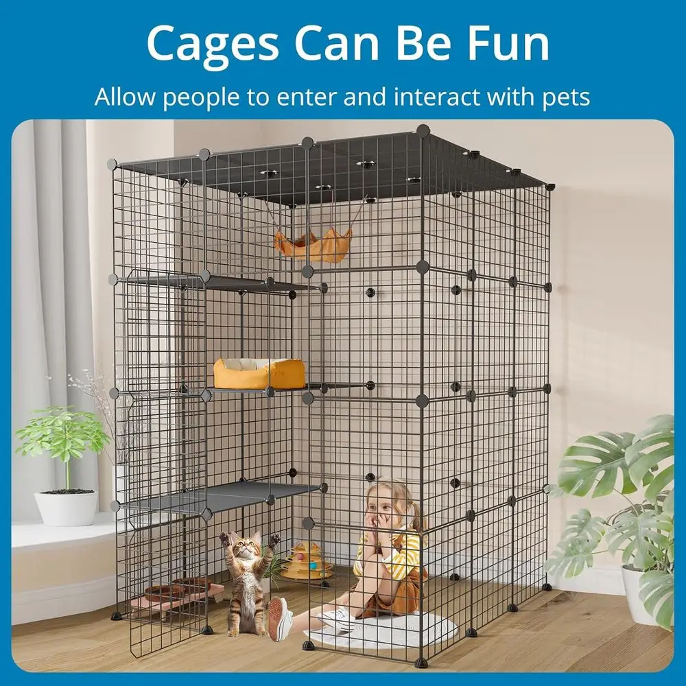 Enclosures Indoor with Balcony, DIY Playpen Detachable Metal Wire Kennels Crate 3x3x4 Large Exercise Place Ideal for 1-3 Cats