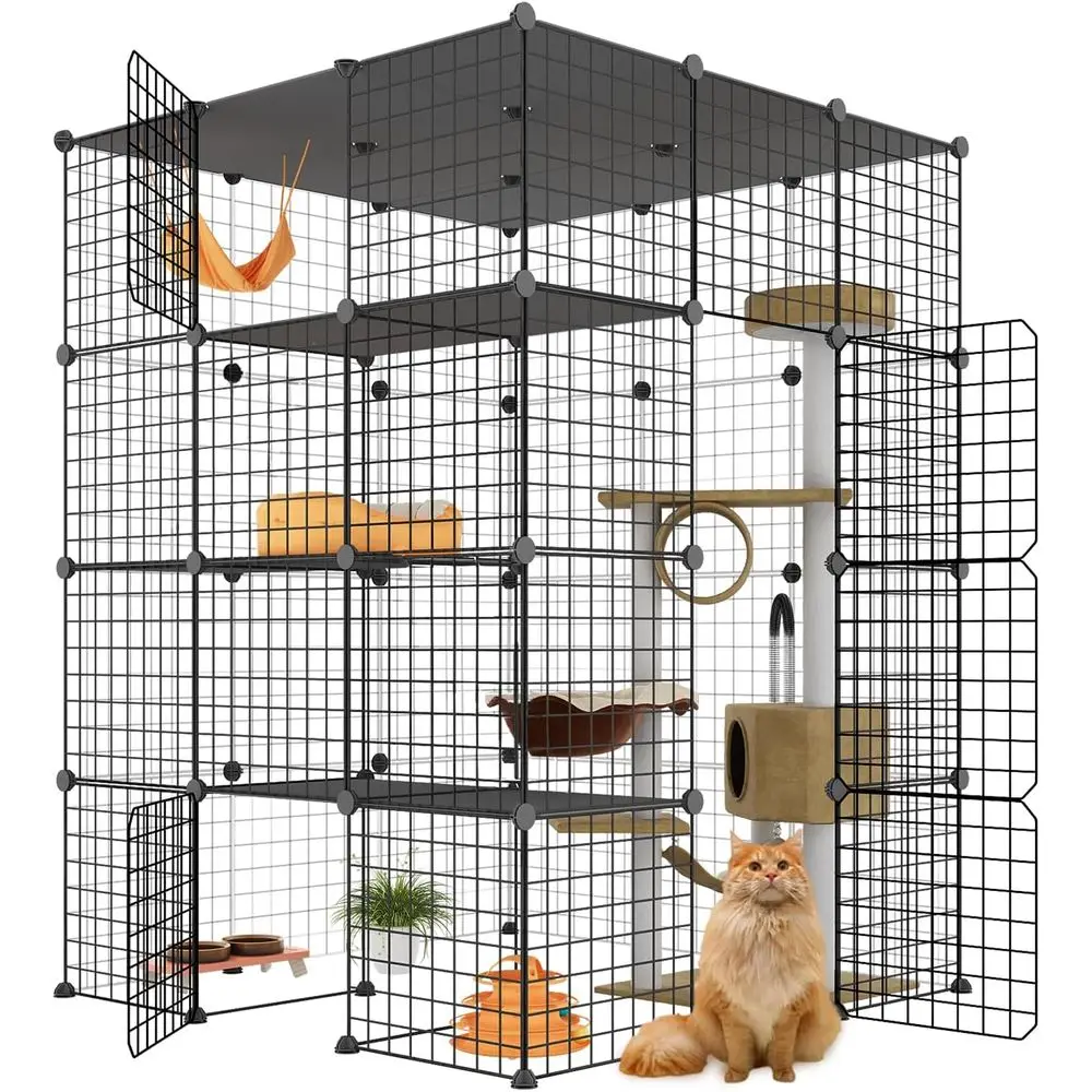 Enclosures Indoor with Balcony, DIY Playpen Detachable Metal Wire Kennels Crate 3x3x4 Large Exercise Place Ideal for 1-3 Cats