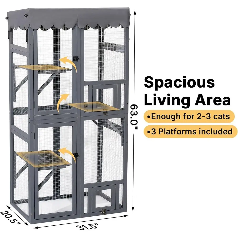 Outdoor Cat Enclosure,63Cat Outdoor Enclosure Window Access,Large Wooden Indoor Cats Patio Cage with Weatherproof Tarp Roof