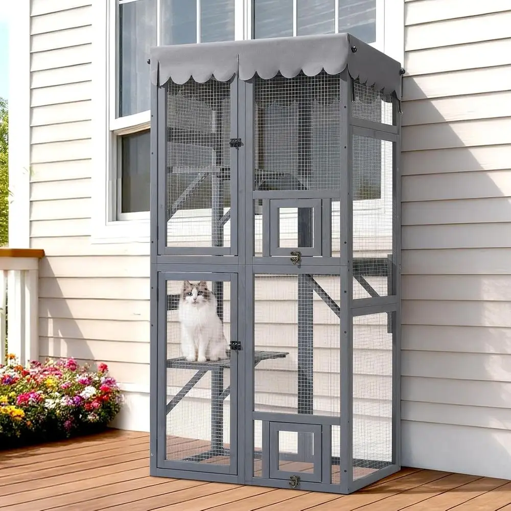 Outdoor Cat Enclosure,63Cat Outdoor Enclosure Window Access,Large Wooden Indoor Cats Patio Cage with Weatherproof Tarp Roof