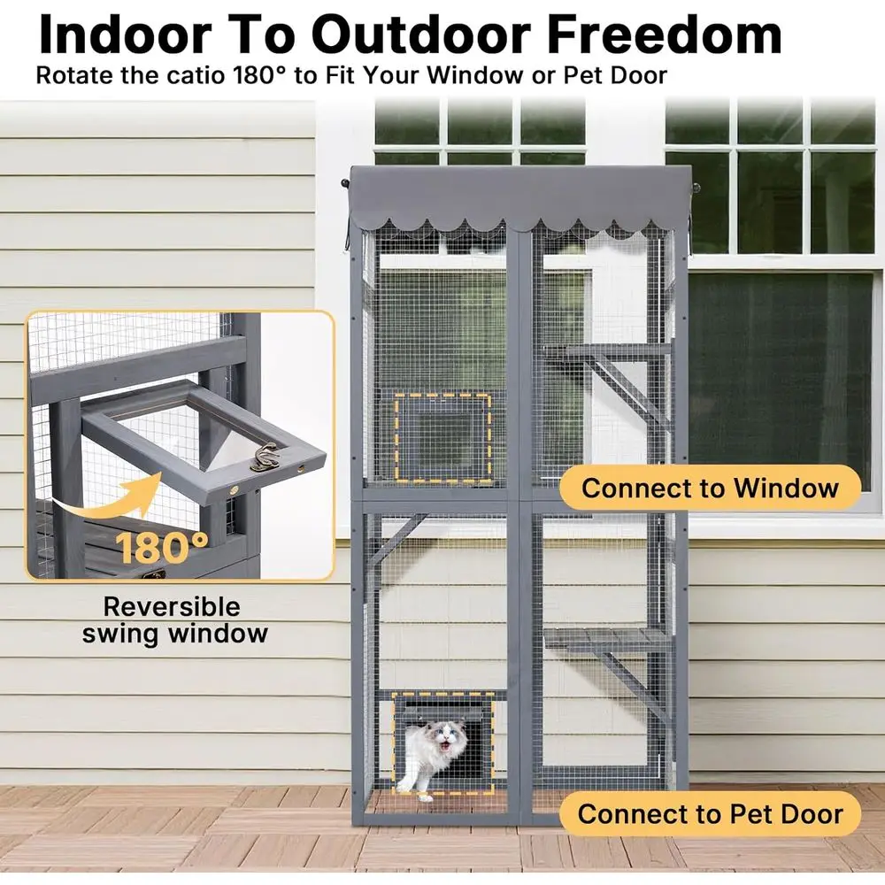 Outdoor Cat Enclosure,63Cat Outdoor Enclosure Window Access,Large Wooden Indoor Cats Patio Cage with Weatherproof Tarp Roof