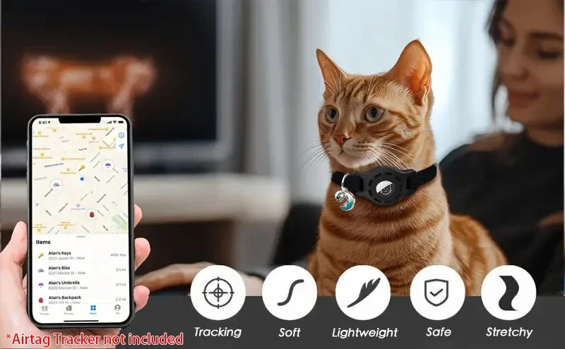 Fashion Airtag Pet Collar Adjustable Elastic Nylon Puppy Cat Collar with Bell Anti-lost GPS Tracker Case（No tracker included）