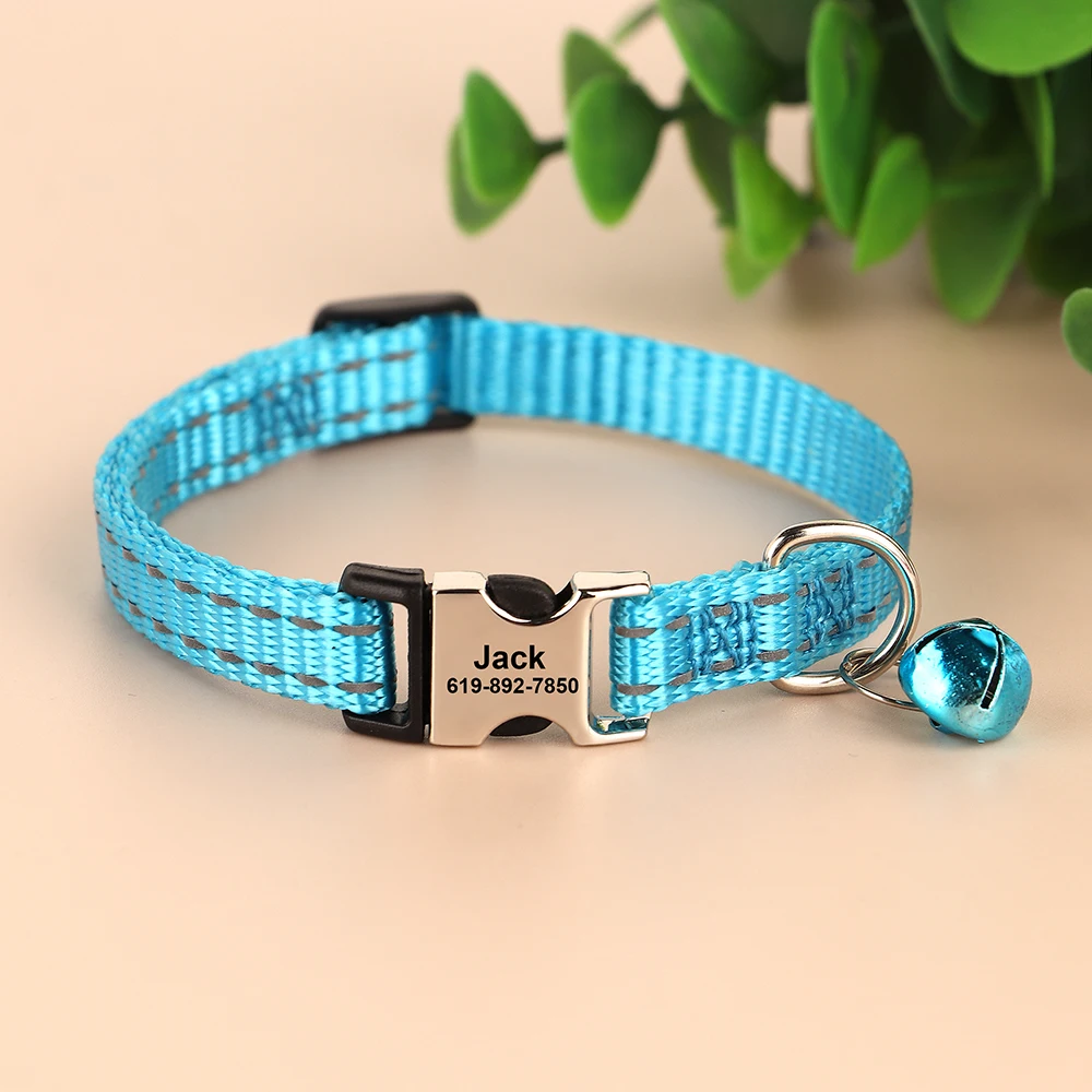 Personalized Cat Collar Reflective Nylon Dog Cats ID Collars With Bell Free Engraving for Cats Small Dogs Chihuahua 10 Colors