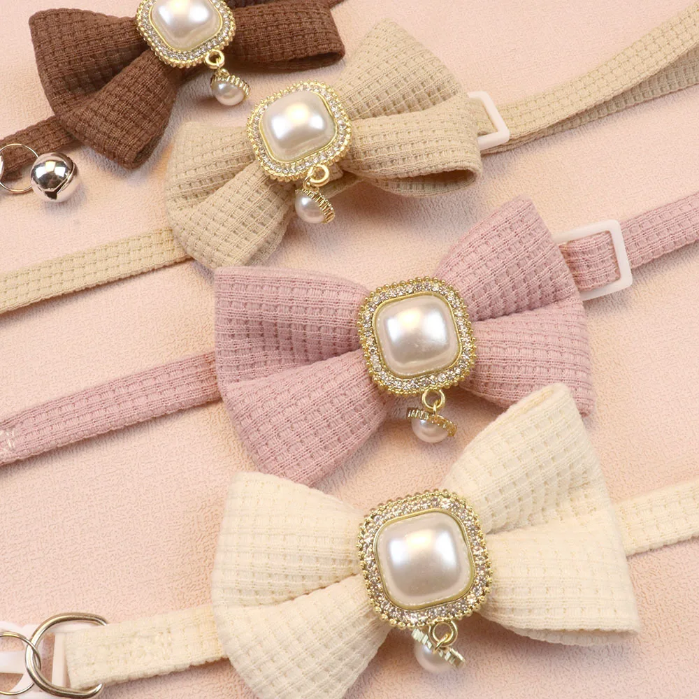 28320-2tconx.jpg New Waffle Pet Collar Cute Bow Bell Cat Collar Retro Pearl Pendant Dog Collar Accessories - Image 1