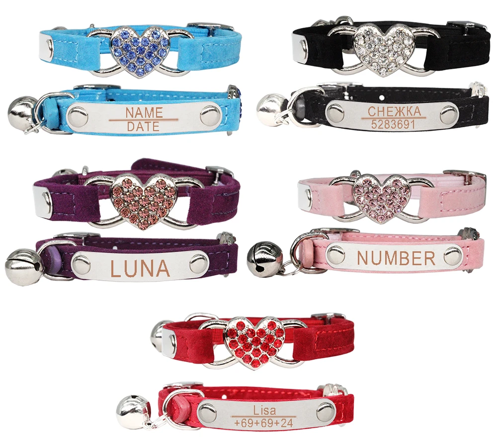 Cat Collar Heart Charm Personalized ID Name with Bell Safety Elastic Adjustable Soft Velvet Puppy Small Dog Pet Collar Kitty