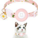 Airtag Cat Collar, Kitten Collar Breakaway with Silicone Airtag Holder, Bells & Flower Charm for Girl Cats Boy Cats Small Dogs