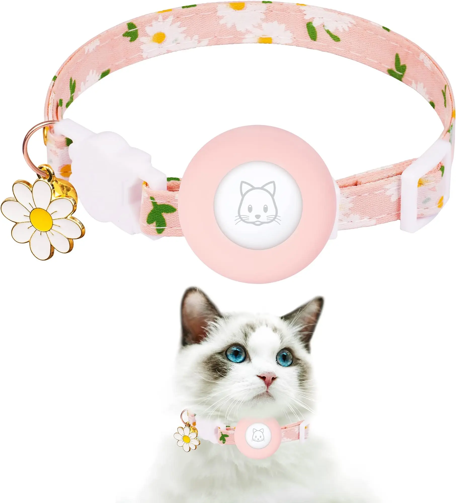 28874-i1tomc.jpg Airtag Cat Collar, Kitten Collar Breakaway with Silicone Airtag Holder, Bells & Flower Charm for Girl Cats Boy Cats Small Dogs - Image 1