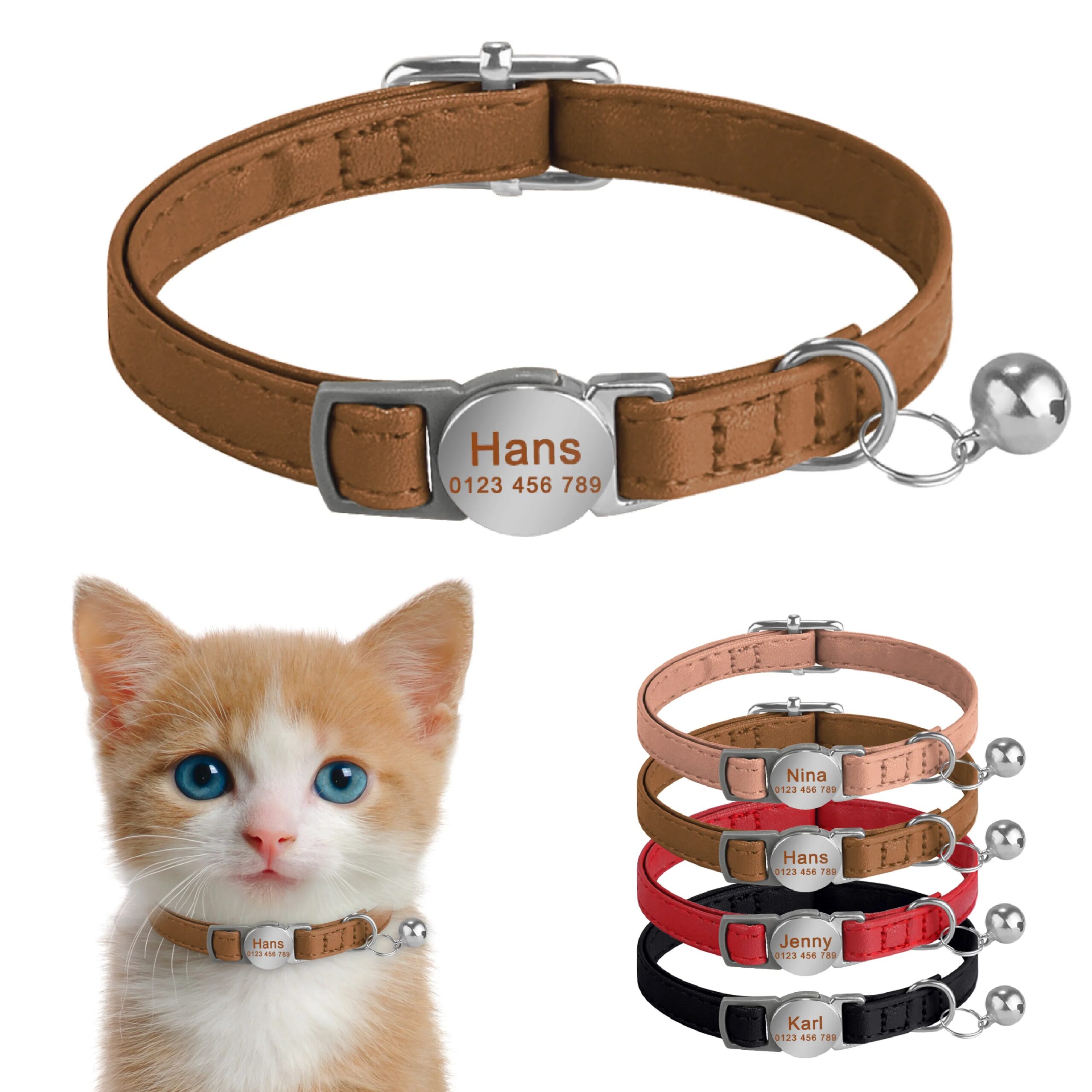 Personalized Engraved Cat Collar Leather Safety Breakaway Collars Adjustable Custom Kitten Necklace With Bell Anti-lost Pet Cats Personalized Engraved Cat Collar Leather Safety Breakaway Collars Adjustable Custom Kitten Necklace With Bell Anti-lost Pet Cats