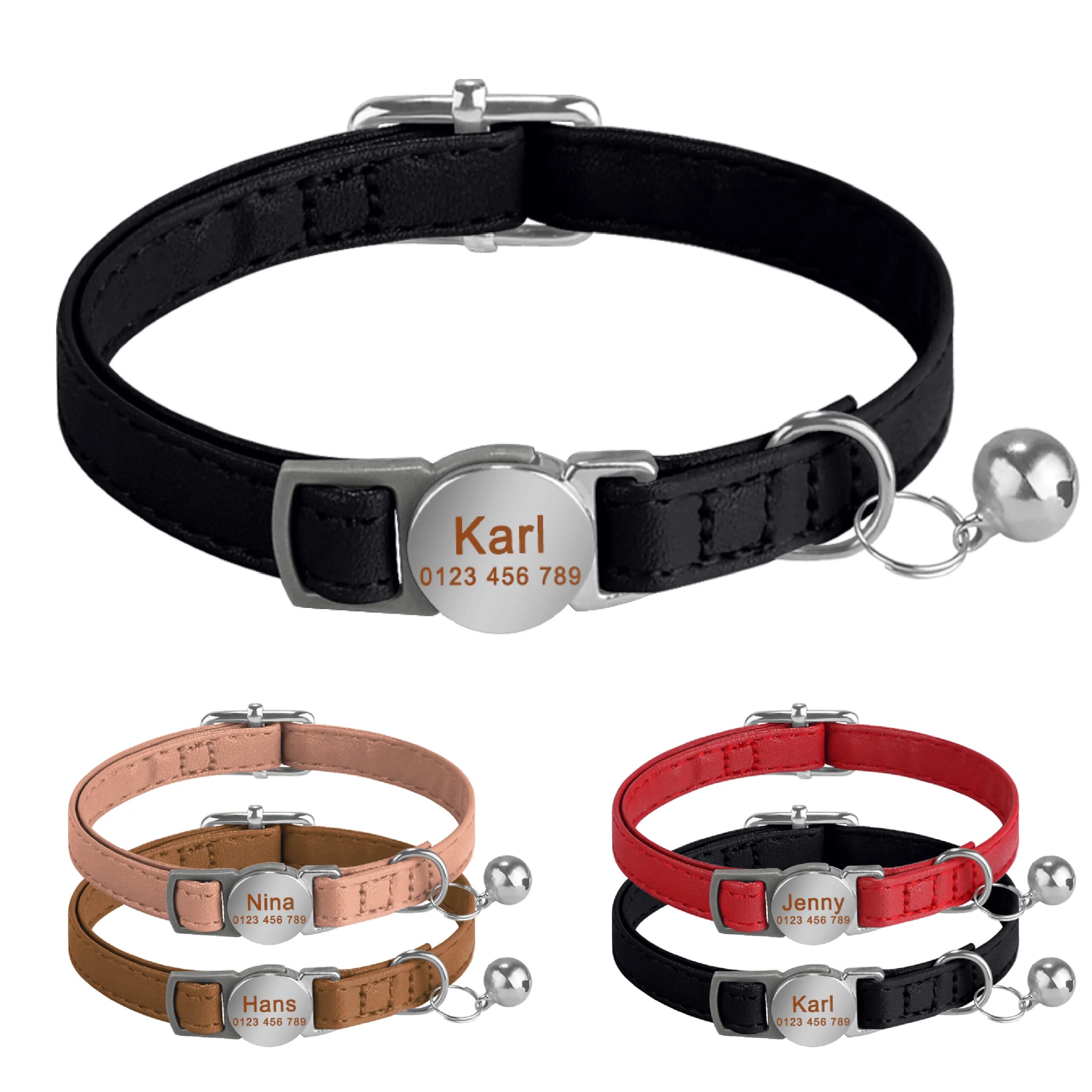 Personalized Engraved Cat Collar Leather Safety Breakaway Collars Adjustable Custom Kitten Necklace With Bell Anti-lost Pet Cats Personalized Engraved Cat Collar Leather Safety Breakaway Collars Adjustable Custom Kitten Necklace With Bell Anti-lost Pet Cats