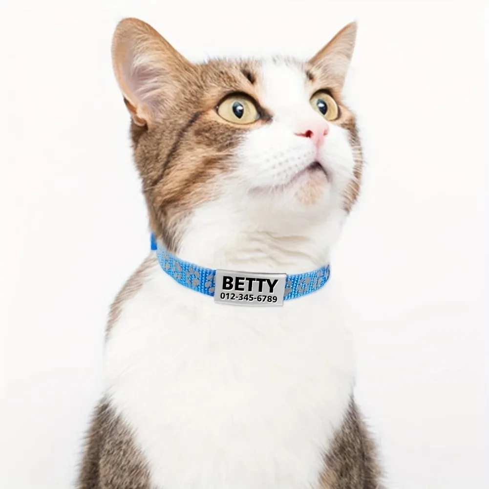 Custom Reflective Cat Collar - Personalized Name Tag & Bell Breakaway Adjustable Anti-Lost Design with Paw Print Collar for Cats