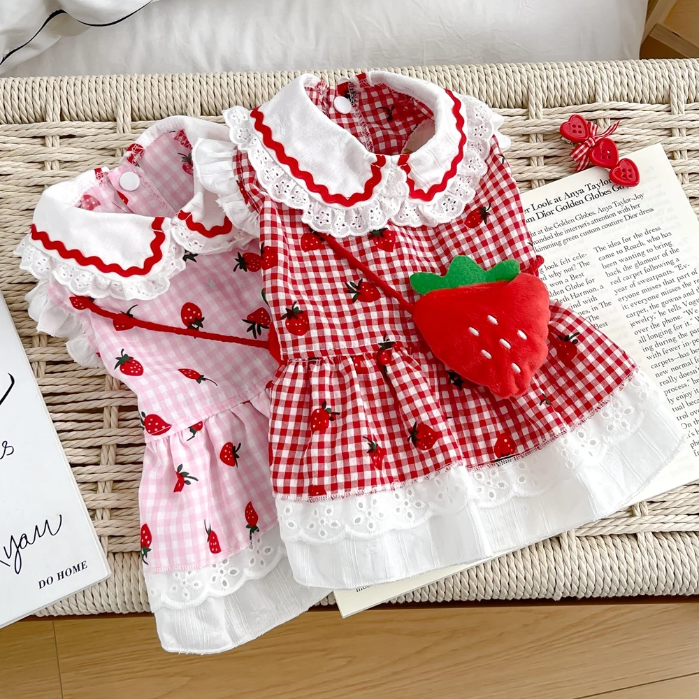 Strawberry Dress For Dogs Summer Spring Cute Plaid Female Girl Puppy Pet Cat Apparel Clothes Yorkie Chihuahua Small Medium Pugs