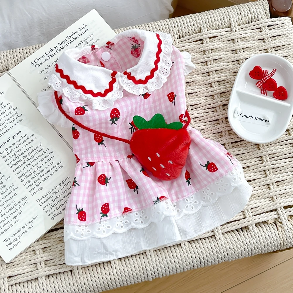 Strawberry Dress For Dogs Summer Spring Cute Plaid Female Girl Puppy Pet Cat Apparel Clothes Yorkie Chihuahua Small Medium Pugs