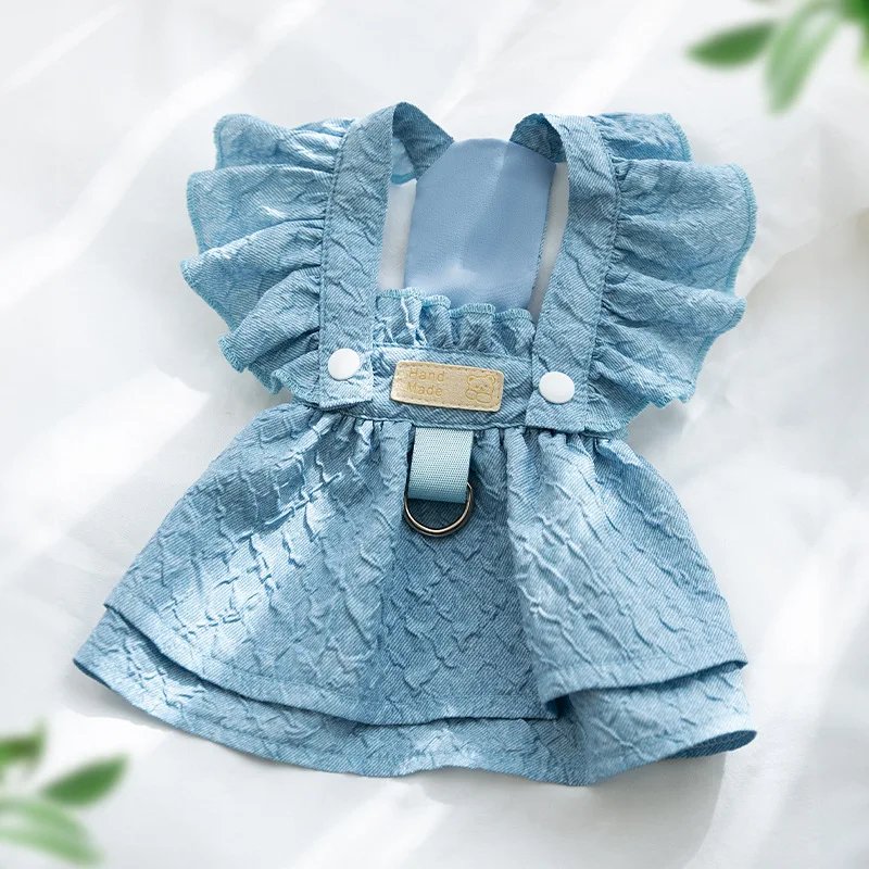 Denim Dog Dresses for Small Dogs, Puppy Girl Clothes with Leash Ring, Flying Sleeves, Summer Cat Apparel, Blue Chihuahua Outfits