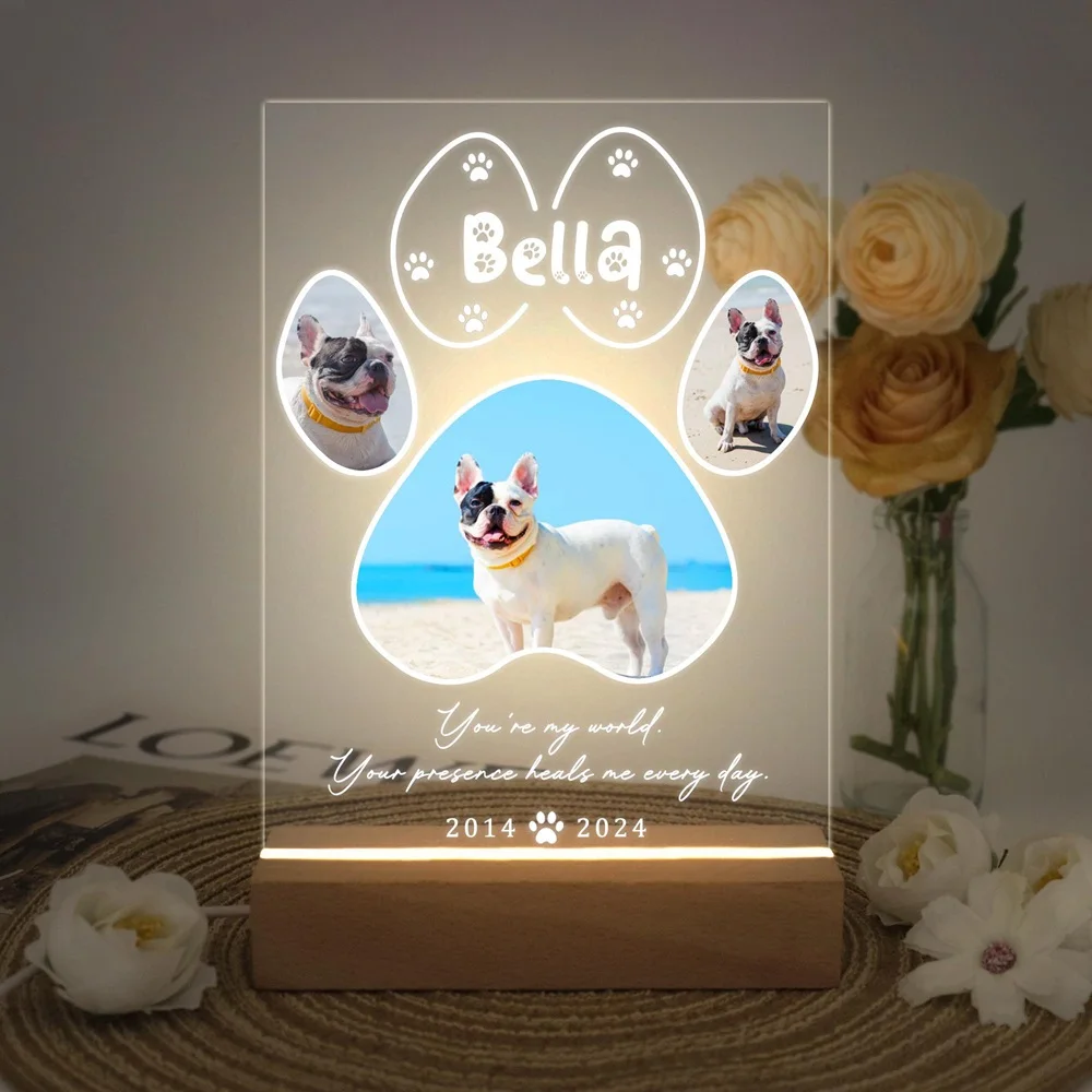 Personalized Pet Memorial Night Light Custom LED Photo Frame with Name Date Acrylic Wooden Stand for Loss Dog Cat Home Decor