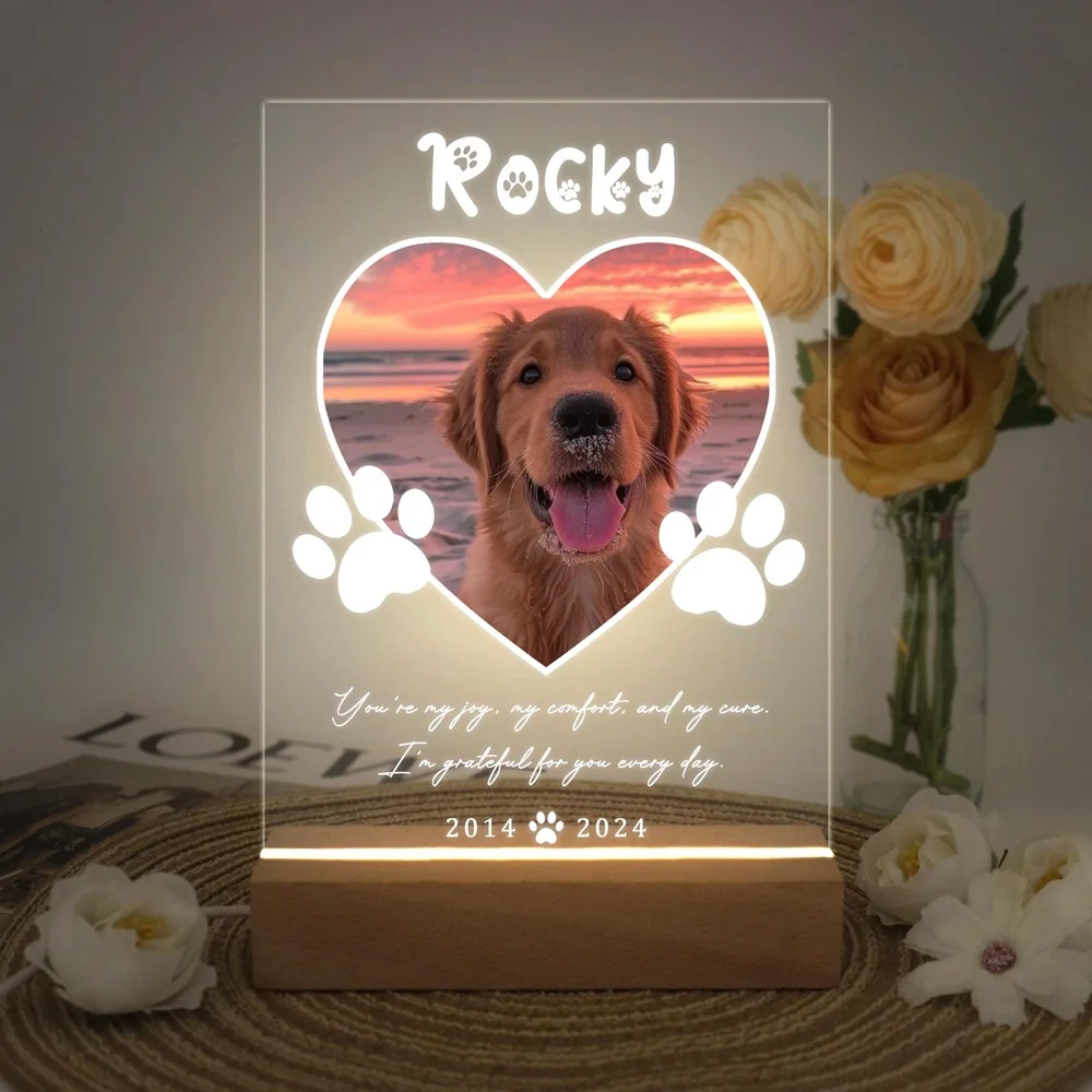 Personalized Pet Memorial Night Light Custom LED Photo Frame with Name Date Acrylic Wooden Stand for Loss Dog Cat Home Decor