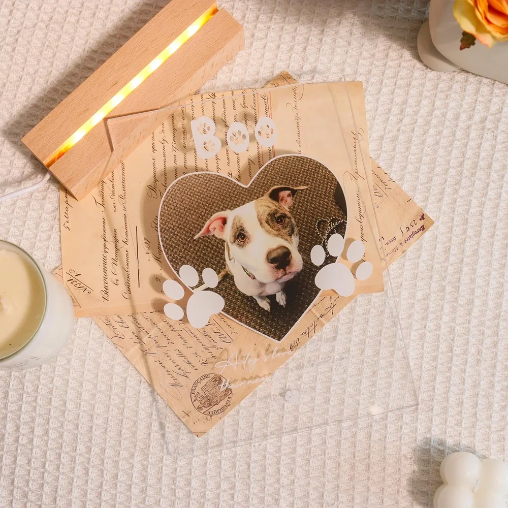 Personalized Pet Memorial Night Light Custom LED Photo Frame with Name Date Acrylic Wooden Stand for Loss Dog Cat Home Decor