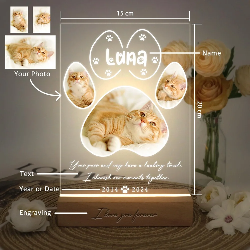 Personalized Pet Memorial Night Light Custom LED Photo Frame with Name Date Acrylic Wooden Stand for Loss Dog Cat Home Decor
