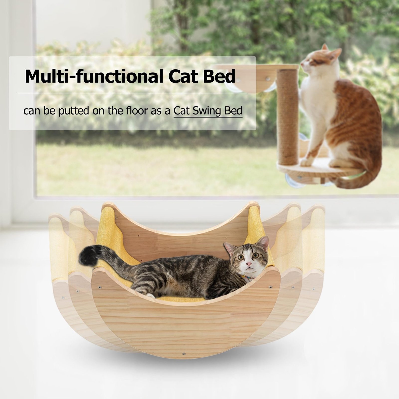Wooden Cat Window Hammock with Suction Cups - Hanging Swing Bed Perch for Cats & Small Dogs | Space-Saving Pet Lounger Winter