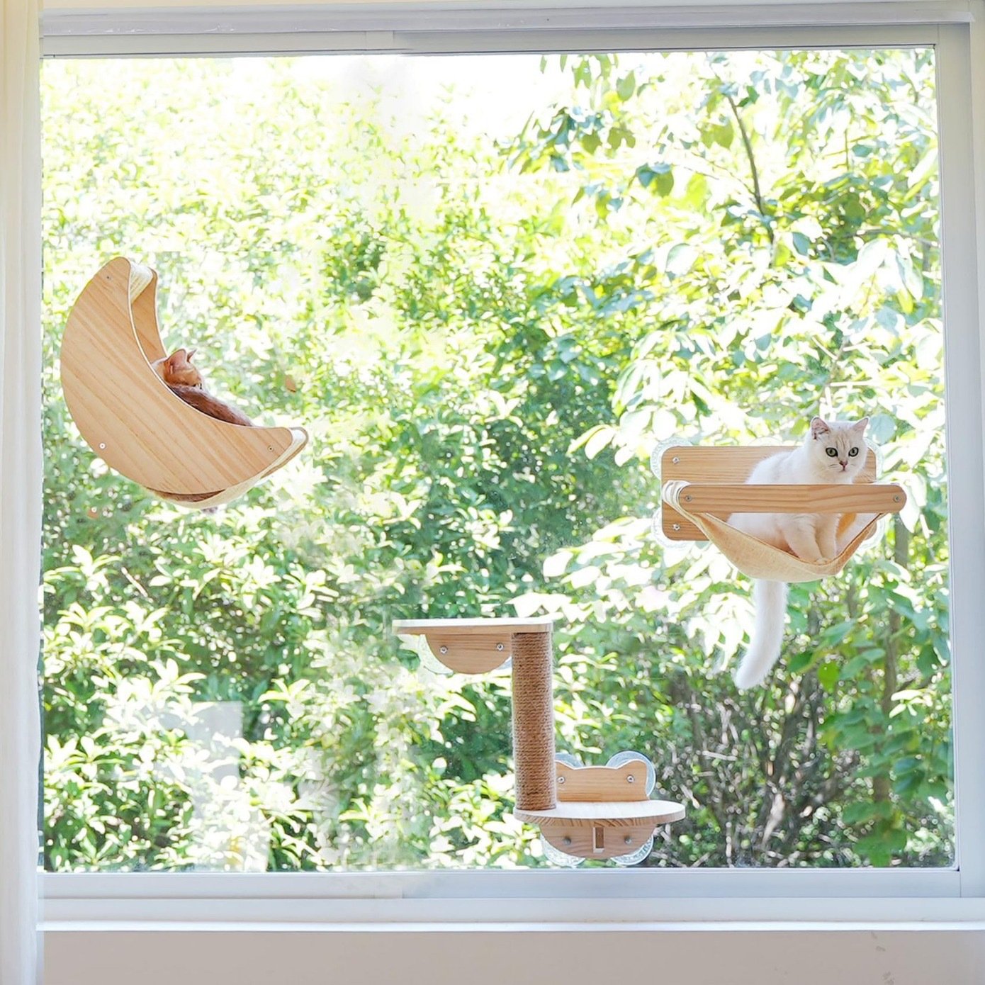 Wooden Cat Window Hammock with Suction Cups - Hanging Swing Bed Perch for Cats & Small Dogs | Space-Saving Pet Lounger Winter