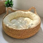 Rattan Weaving Cat Basket Bed With Soft Cushion Round Donut Design Cozy Warm Comfortable Sleeping Nest For Cats And Dogs