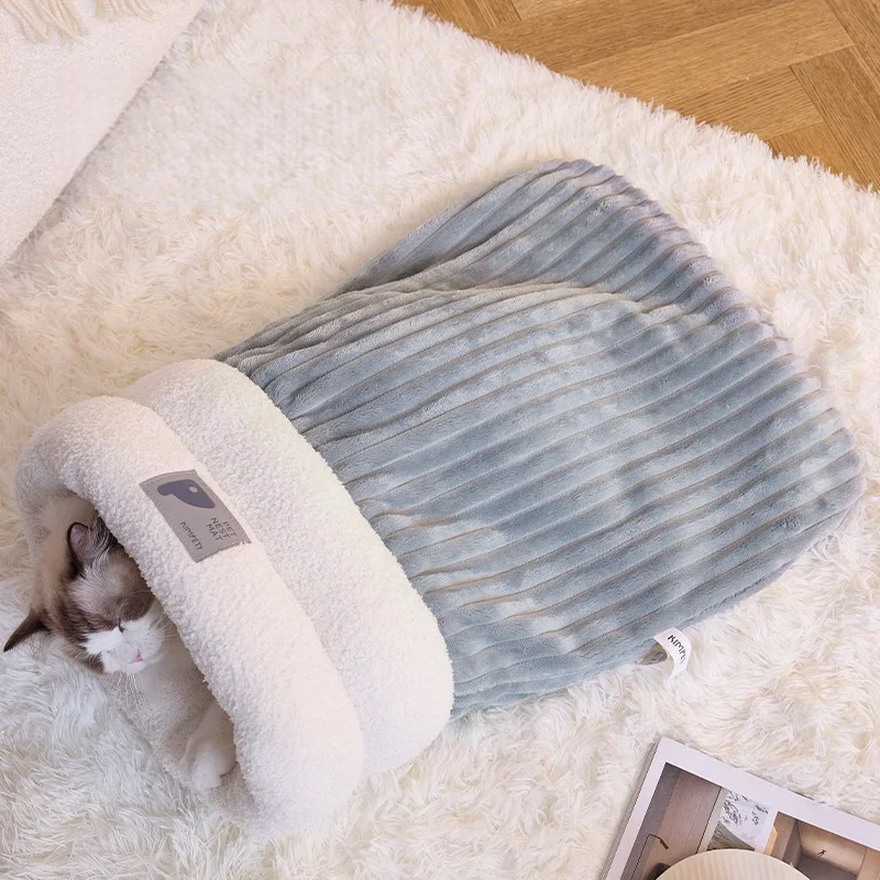 Warming Plush Cat Sleeping Bag: Enclosed Snuggle Sack with Burrow Entry for Winter - Cozy Fuzz Sleeping Bag for Anxious Cats​