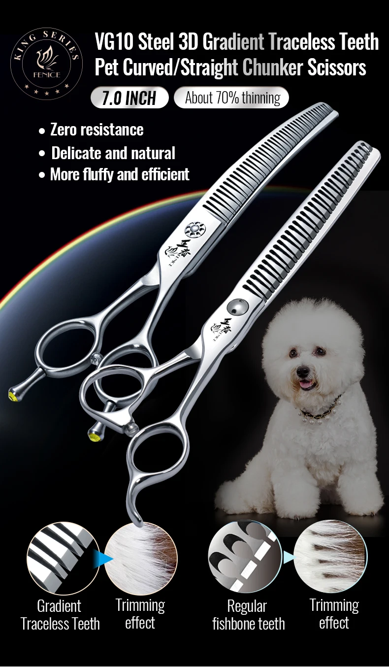 Fenice 7.0 Inch VG10 Steel 3D Gradient Traceless Teeth Pet Curved/Straight Chunker Scissors Bearing Screws Pet Grooming Shears Fenice 7.0 Inch VG10 Steel 3D Gradient Traceless Teeth Pet Curved/Straight Chunker Scissors Bearing Screws Pet Grooming Shears