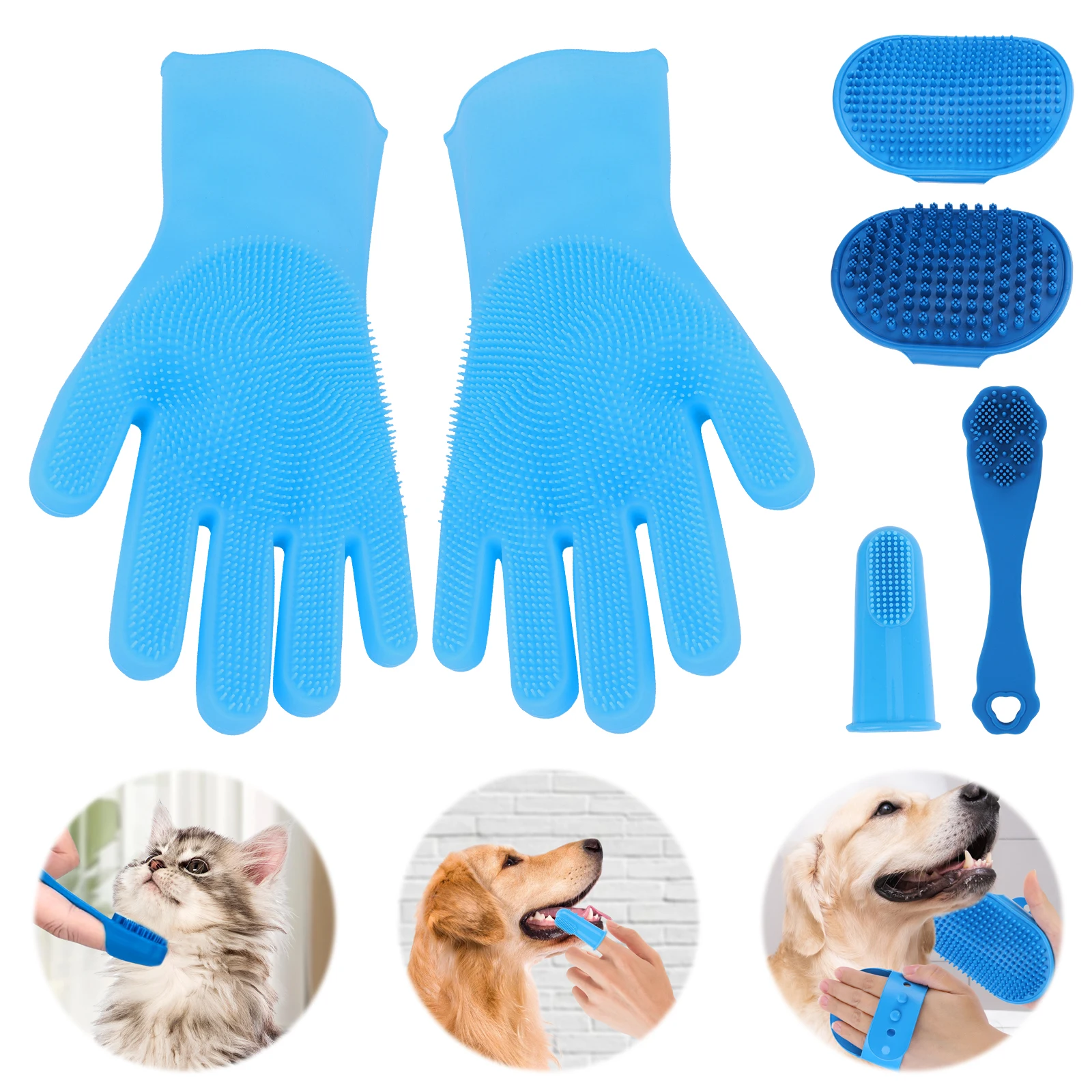 6PCS Pet Grooming Kit Silicone Dog Toothbrush Finger Dog Bath Gloves Dog Shampoo Brush Pet Grooming Gloves Dog Cat Bath Supplies
