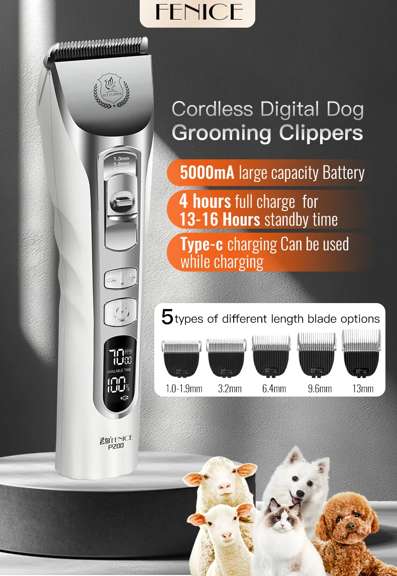 Fenice New Upgrade 5000mA Capacity Cordless LCD Screen Pets Dog Grooming Clippers Rechargeable Haircut Shaver for Trimming Salon