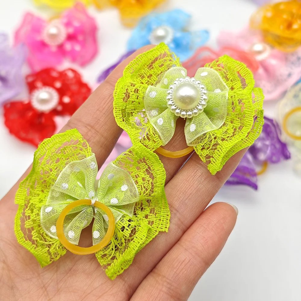 10pcs Bright Double-layer Lace Bows For Dogs 13 Colors Dog Grooming Hair Accessories Pet Rubber Band Hair Clips Puppy Supplies