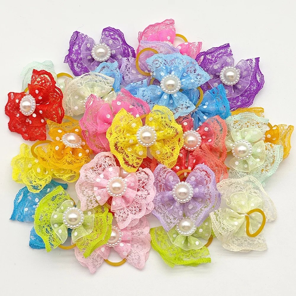 10pcs Bright Double-layer Lace Bows For Dogs 13 Colors Dog Grooming Hair Accessories Pet Rubber Band Hair Clips Puppy Supplies