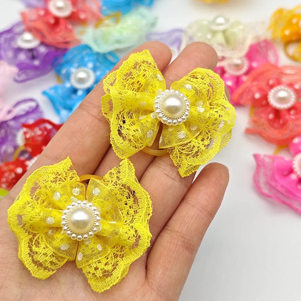 10pcs Bright Double-layer Lace Bows For Dogs 13 Colors Dog Grooming Hair Accessories Pet Rubber Band Hair Clips Puppy Supplies