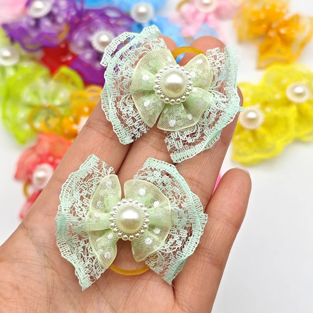 10pcs Bright Double-layer Lace Bows For Dogs 13 Colors Dog Grooming Hair Accessories Pet Rubber Band Hair Clips Puppy Supplies