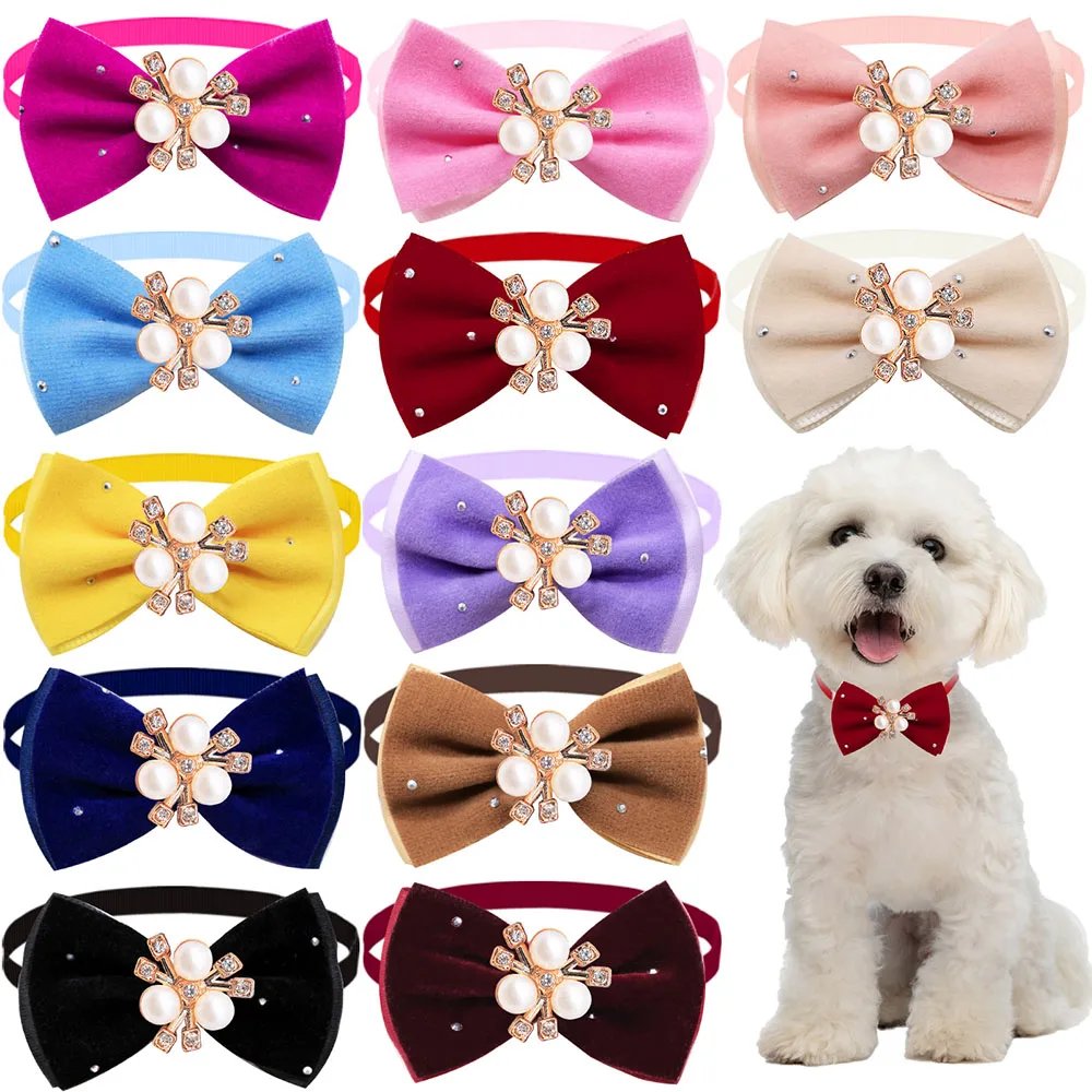 20/40PCS Winter Dog Bowties With Diamonds Adjustable Pet Dog Bow Ties Collars Mixed Colors Pet Grooming Accessories For Dogs