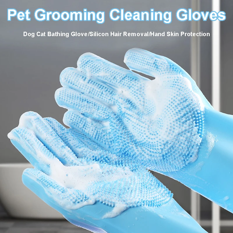 49510-cds9ke.jpg Pet Grooming Gloves Dog Cat Bathing Cleaning Glove Shampoo Scrubber Clean Soft Silicone Hair Removal Glove Hand Skin Protection - Image 1
