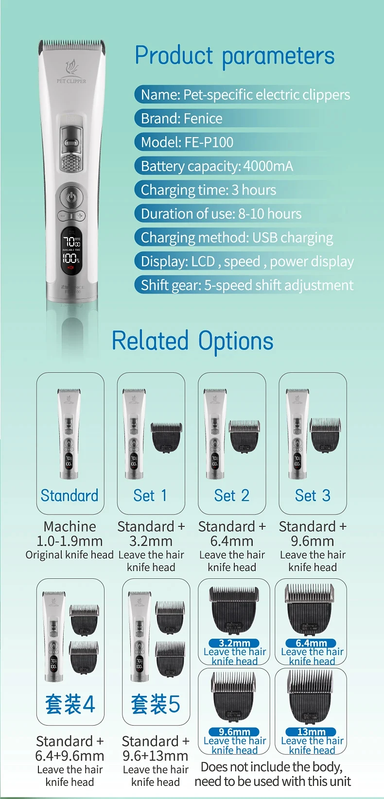 Fenice Clipper Dogs Professional LCD Screen Pet Cat Clippers Electrical Grooming Trimmer Rechargeable Haircut Machine Animals