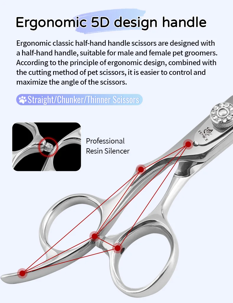 Fenice Left-handed Professional 7.0/7.5/8 inch JP440C Cutting Curved Fluffy Thinning Chunker Scissors Set Kit Pet Dog Grooming