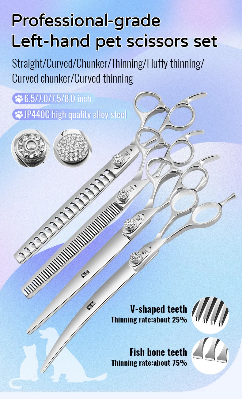 Fenice Left-handed Professional 7.0/7.5/8 inch JP440C Cutting Curved Fluffy Thinning Chunker Scissors Set Kit Pet Dog Grooming