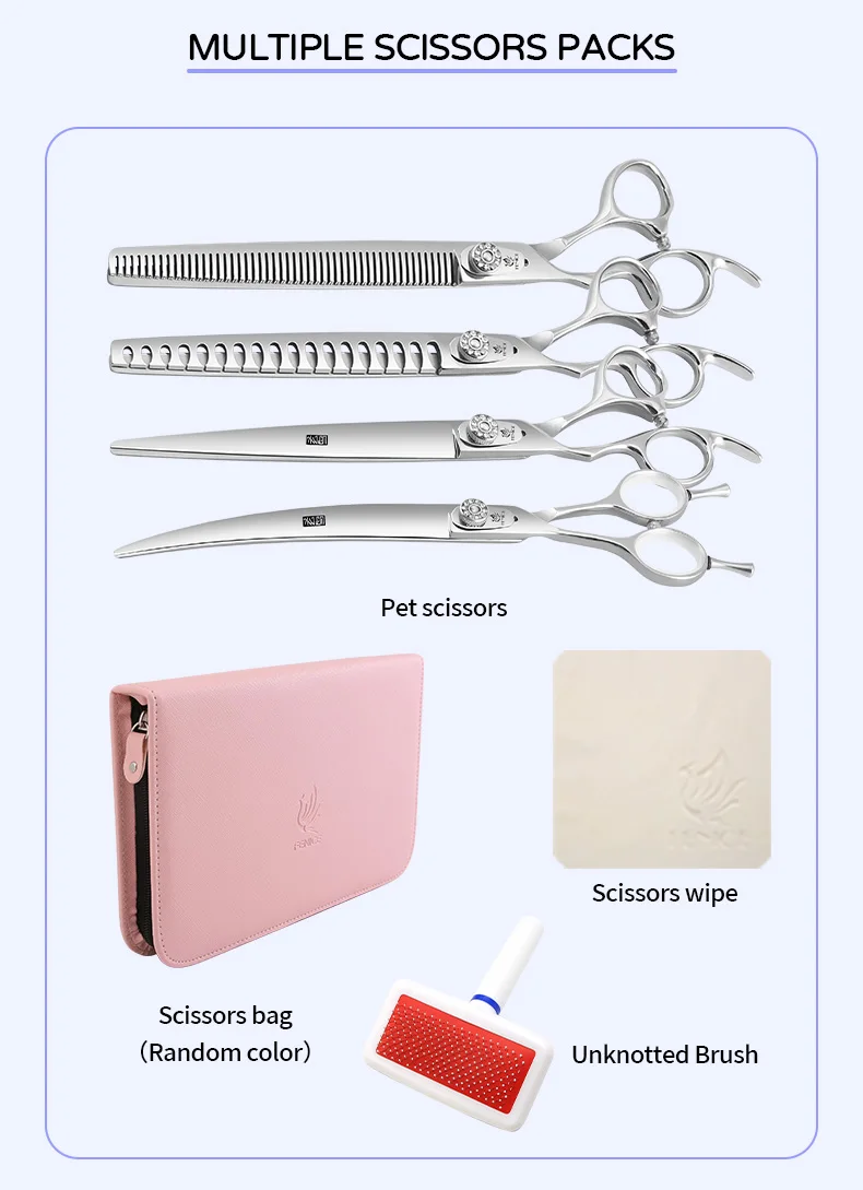 Fenice Left-handed Professional 7.0/7.5/8 inch JP440C Cutting Curved Fluffy Thinning Chunker Scissors Set Kit Pet Dog Grooming