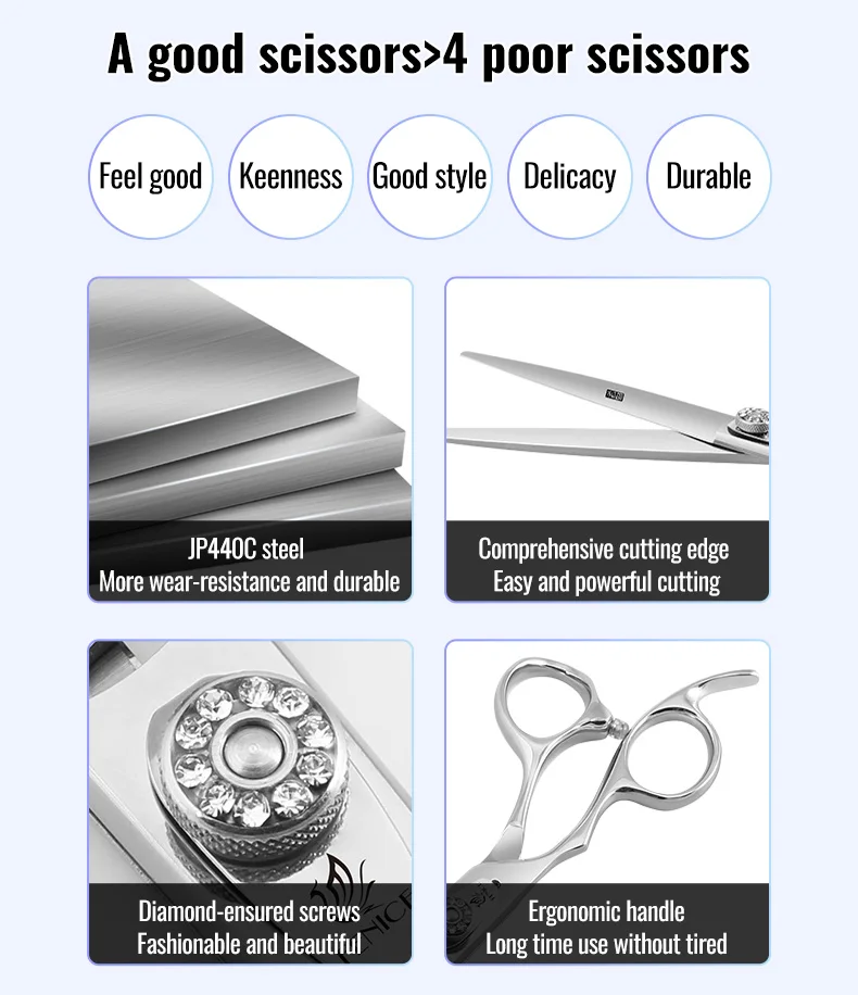 Fenice Left-handed Professional 7.0/7.5/8 inch JP440C Cutting Curved Fluffy Thinning Chunker Scissors Set Kit Pet Dog Grooming