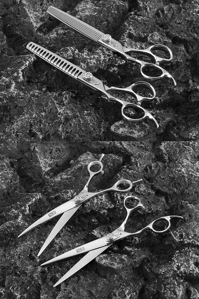 Fenice Left-handed Professional 7.0/7.5/8 inch JP440C Cutting Curved Fluffy Thinning Chunker Scissors Set Kit Pet Dog Grooming