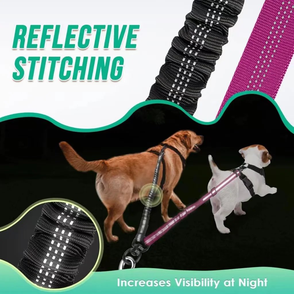 1.6ft Long Dual Dog Leash Attachment - Double Leashes for Training Small to Large Dogs - Adjustable Strap Shock Absorbing Bungee