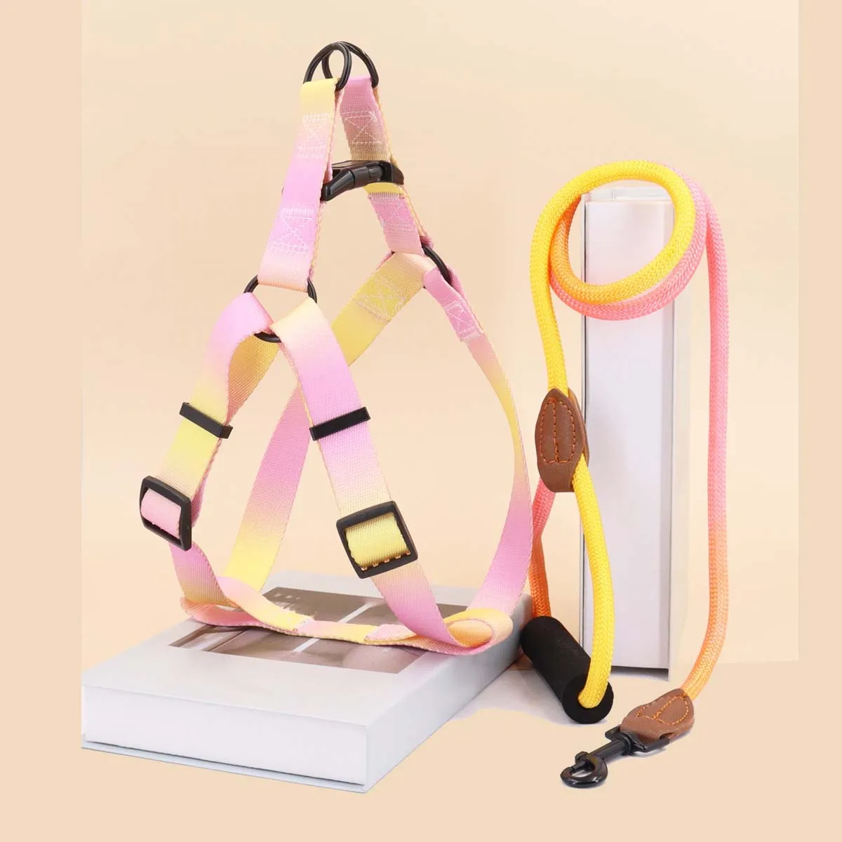 A set of colorful pet harness with leash and dog leash for indoor and outdoor use