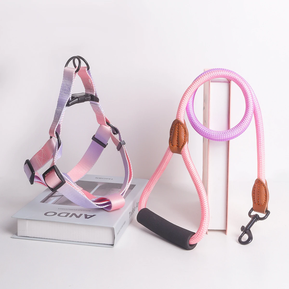 A set of colorful pet harness with leash and dog leash for indoor and outdoor use