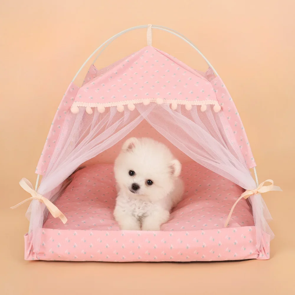 Pet Dog Tent House Floral Print Enclosed Cat Tent Bed Indoor Folding Portable Comfortable Kitten Bed Kennel For Small Pets