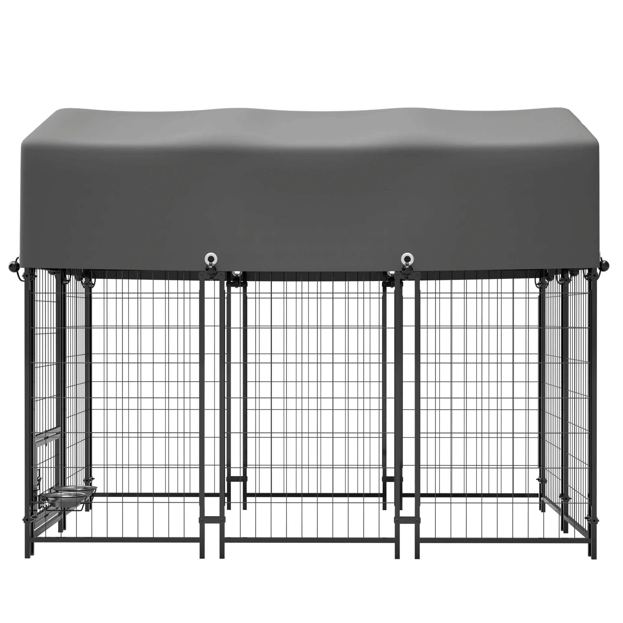 56253-run0bk.jpg 69.8"D x 50.8"W x 58"H Outdoor Dog Kennel - Welded Enclosure with UV/Waterproof Roof, Double Lock & Rotating Feeder - Image 1
