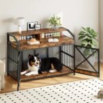 43.3" dog crate furniture, heavy duty dog kennel indoor with storage shelves, wooden dog cage with led lights, for medium large - Image 4