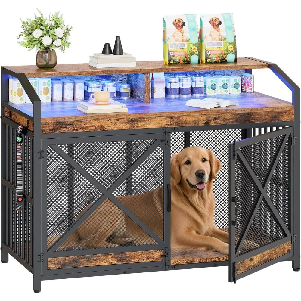 56774-bzhbhd.jpg 43.3" dog crate furniture, heavy duty dog kennel indoor with storage shelves, wooden dog cage with led lights, for medium large - Image 1