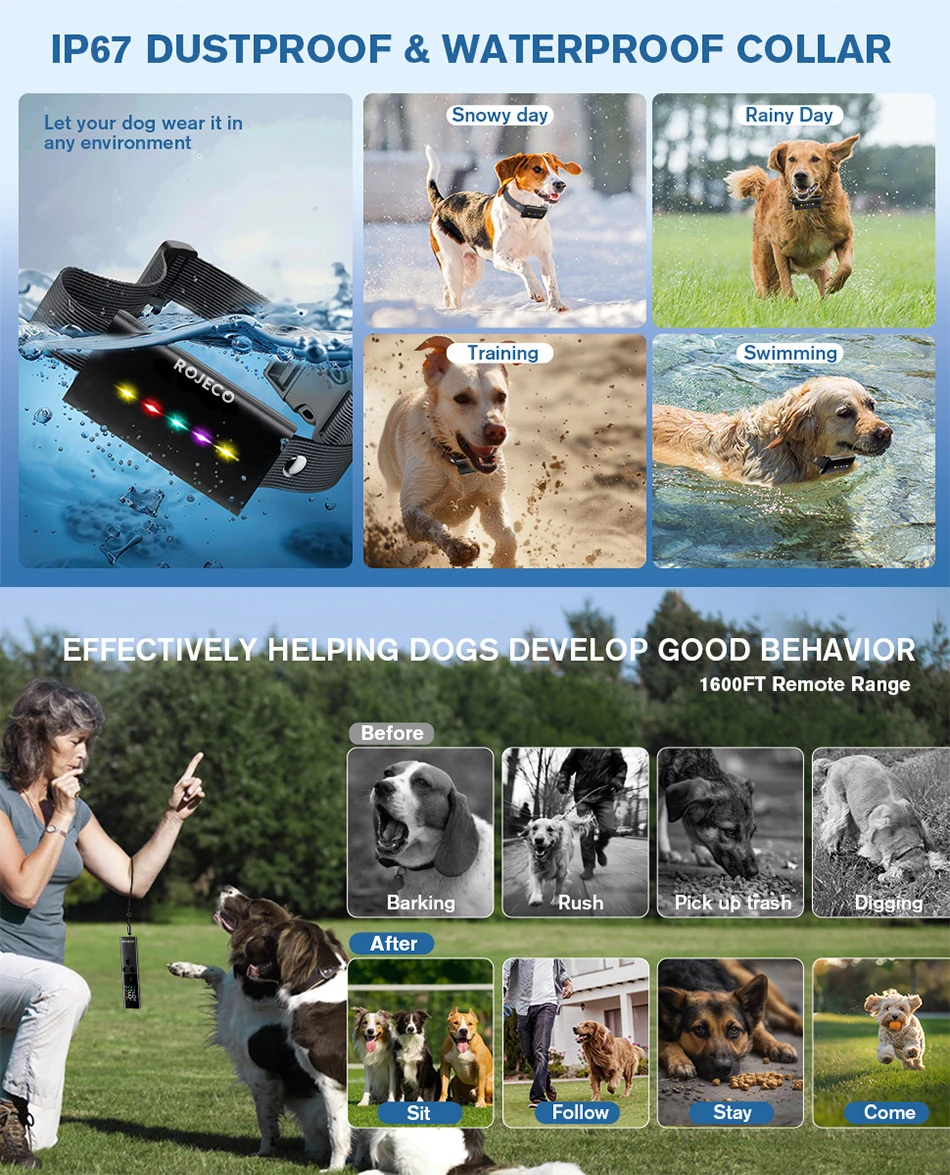 ROJECO Dog Training Collar with Remote Control 1600FT IP67 Waterproof Electric Dog Collar For Pet Dog Bark Control Stop Collar ROJECO Dog Training Collar with Remote Control 1600FT IP67 Waterproof Electric Dog Collar For Pet Dog Bark Control Stop Collar
